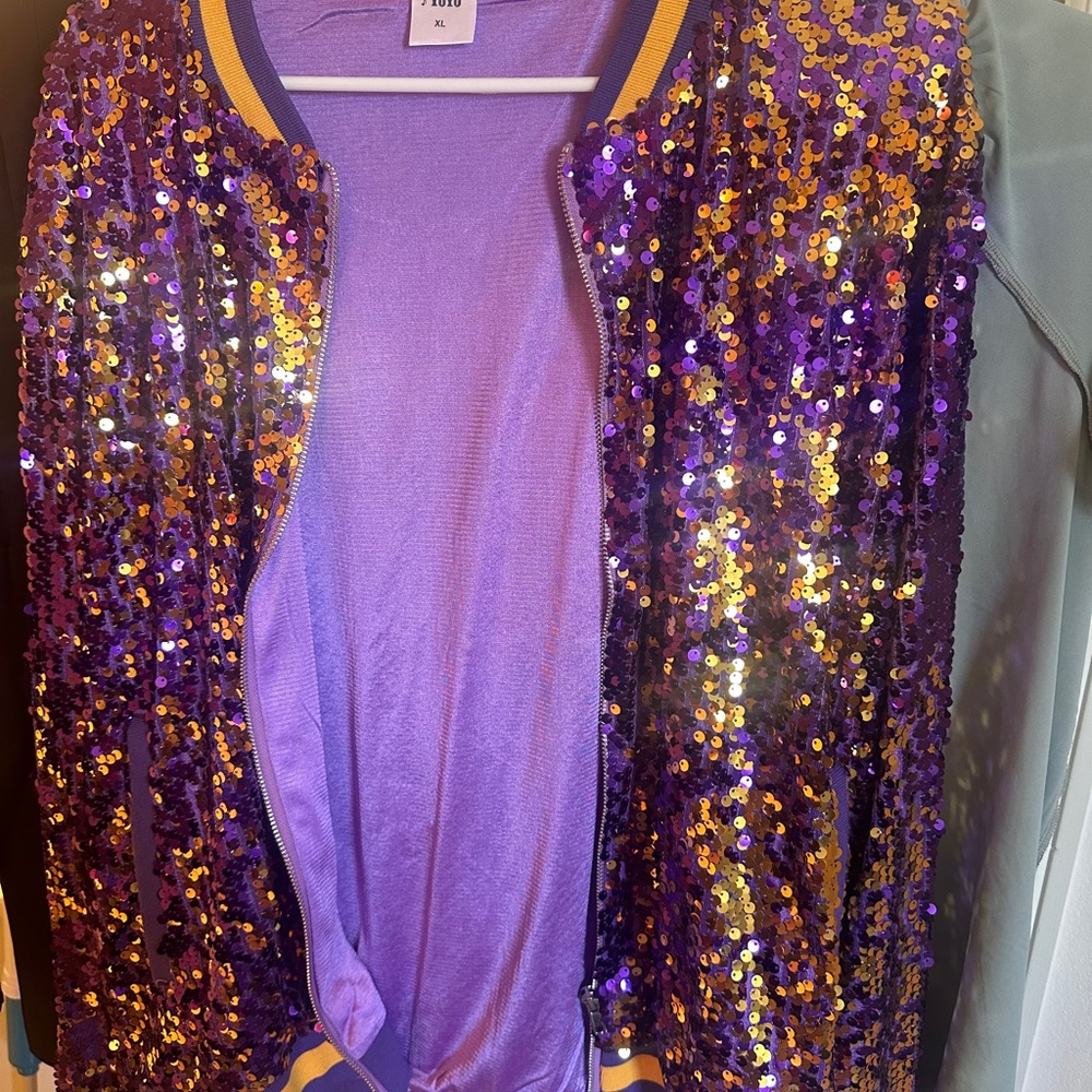 Vibrant Purple and Gold Sequin Bomber Jacket